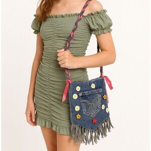 Handmade Upcycled Denim Patchwork Crossbody Bag Fringe Boho Cottagecore Hippie